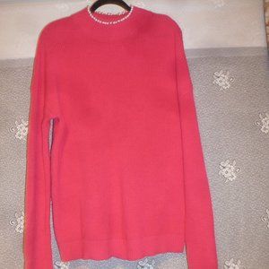 Cute Pink Women's Pearl Neckline Long Sleeve Cotton Blend Knit Sweater Size L